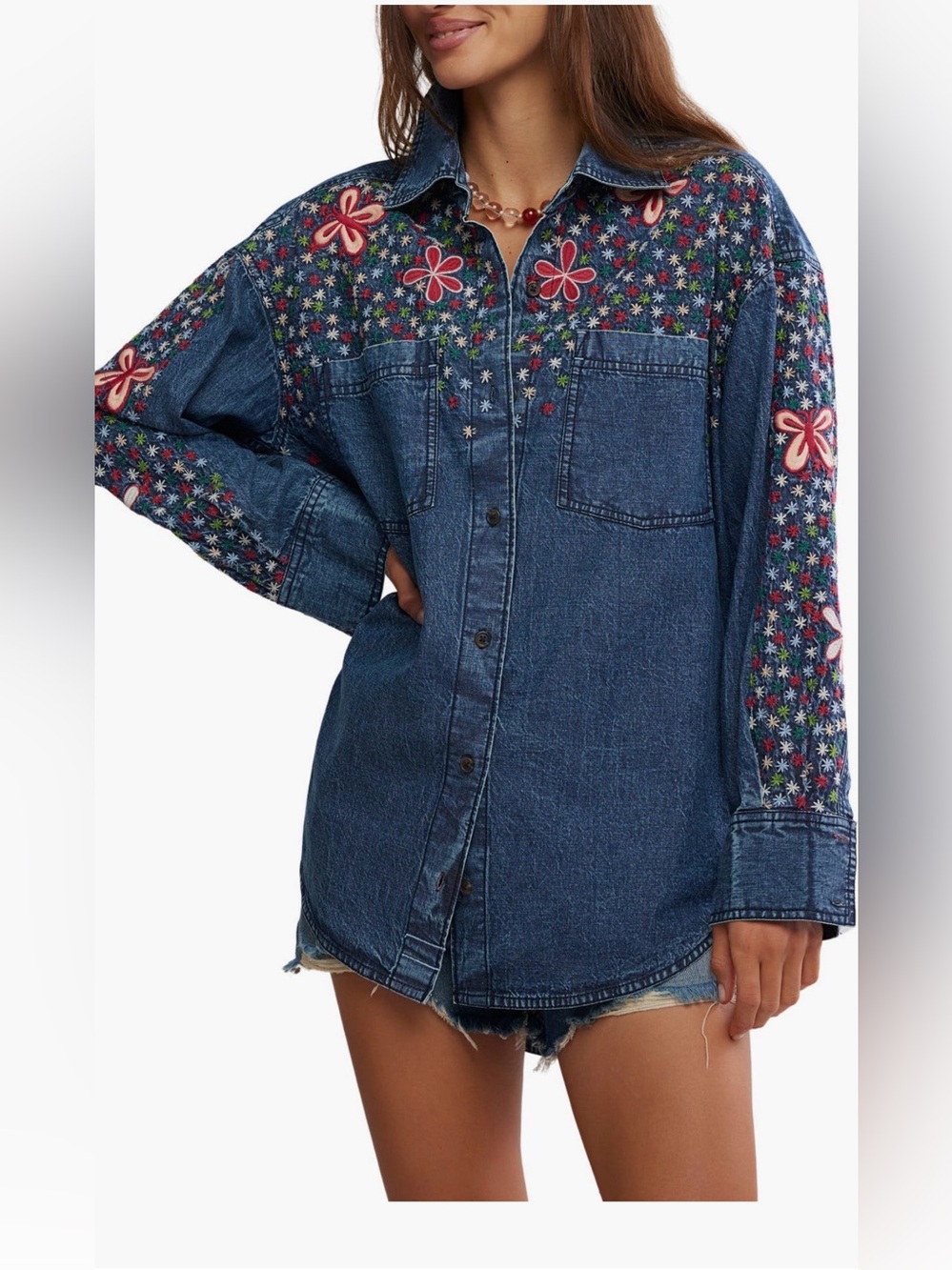 NWT Free People Denim Rainbow 🌈 Embroidered Button-Down Shirt, Size L